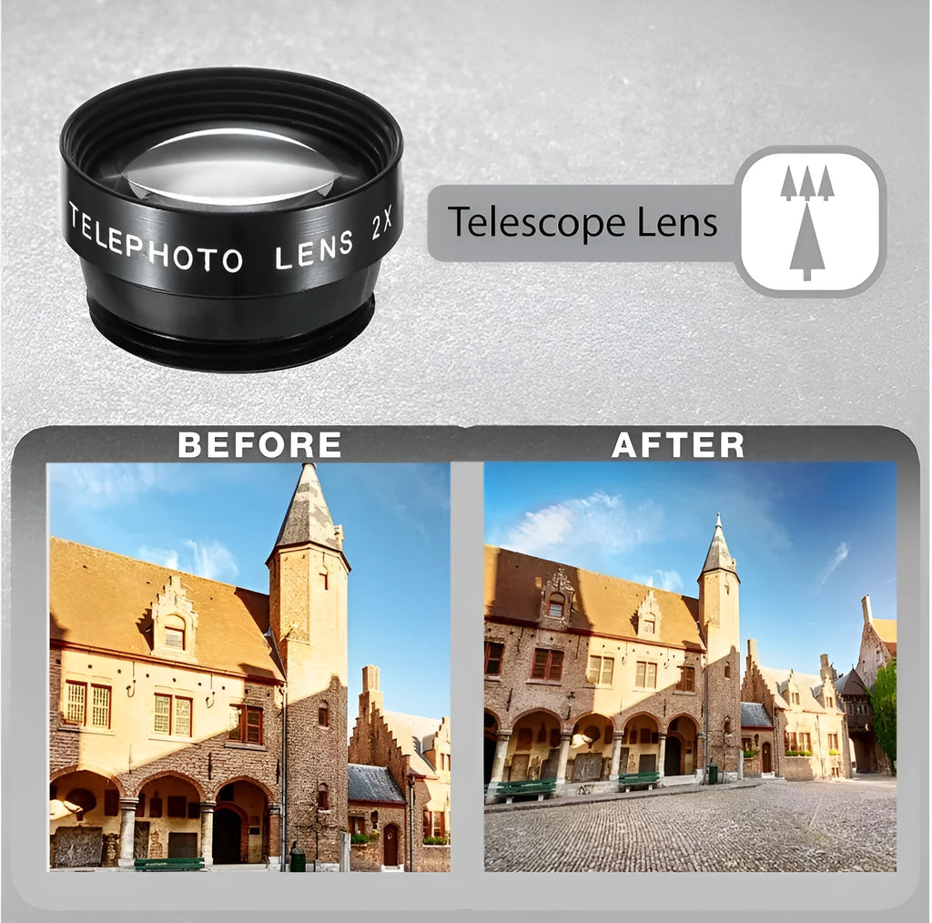 Universal 5-in-1 clip-on phone lens kit with wide angle macro fisheye telephoto and CPL lenses in black