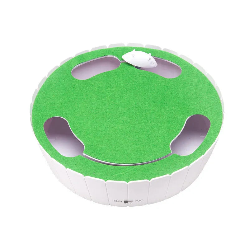 Automatic cat teaser toy with rotating non-woven mouse, blue colour, on a light floor