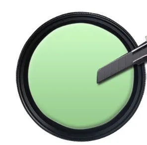 Set of circular camera lens filters in multiple sizes including ND-2, ND-4, ND-8, and ND-400 neutral density filters.