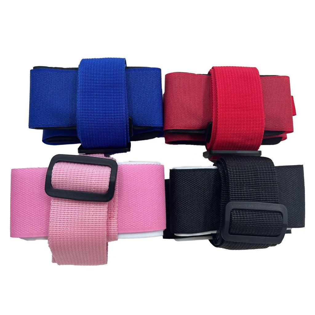Adjustable hook and loop ski carrying strap in multiple colours for shoulder transport.