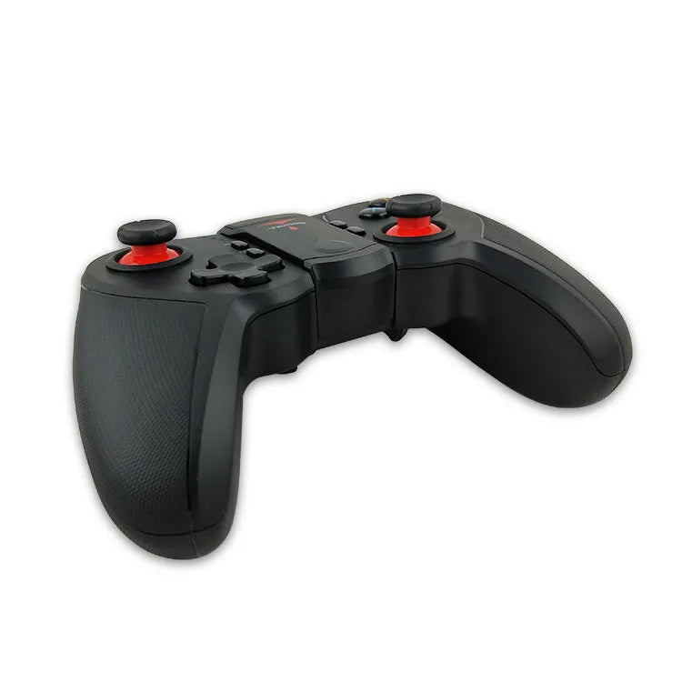 Black wireless Bluetooth game controller for Android iOS PC, 17.5 cm long, on light background