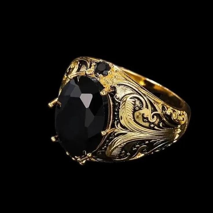 Men's silver alloy wide face ring with geometric imitation ink colour gem ornament and irregular Moonstone patterns