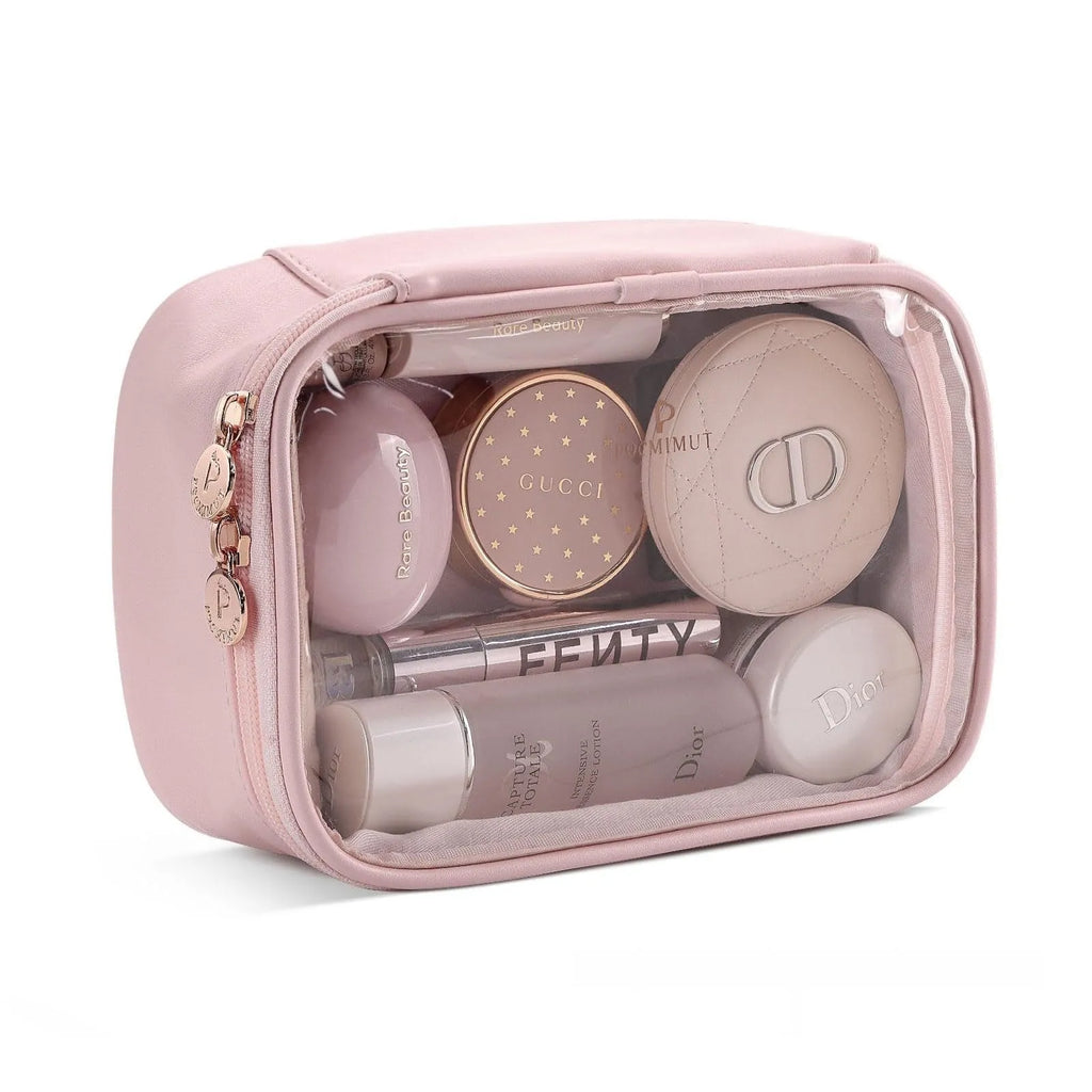 PVC transparent cosmetic bag showing interior with waterproof lining and dry-wet separation compartments