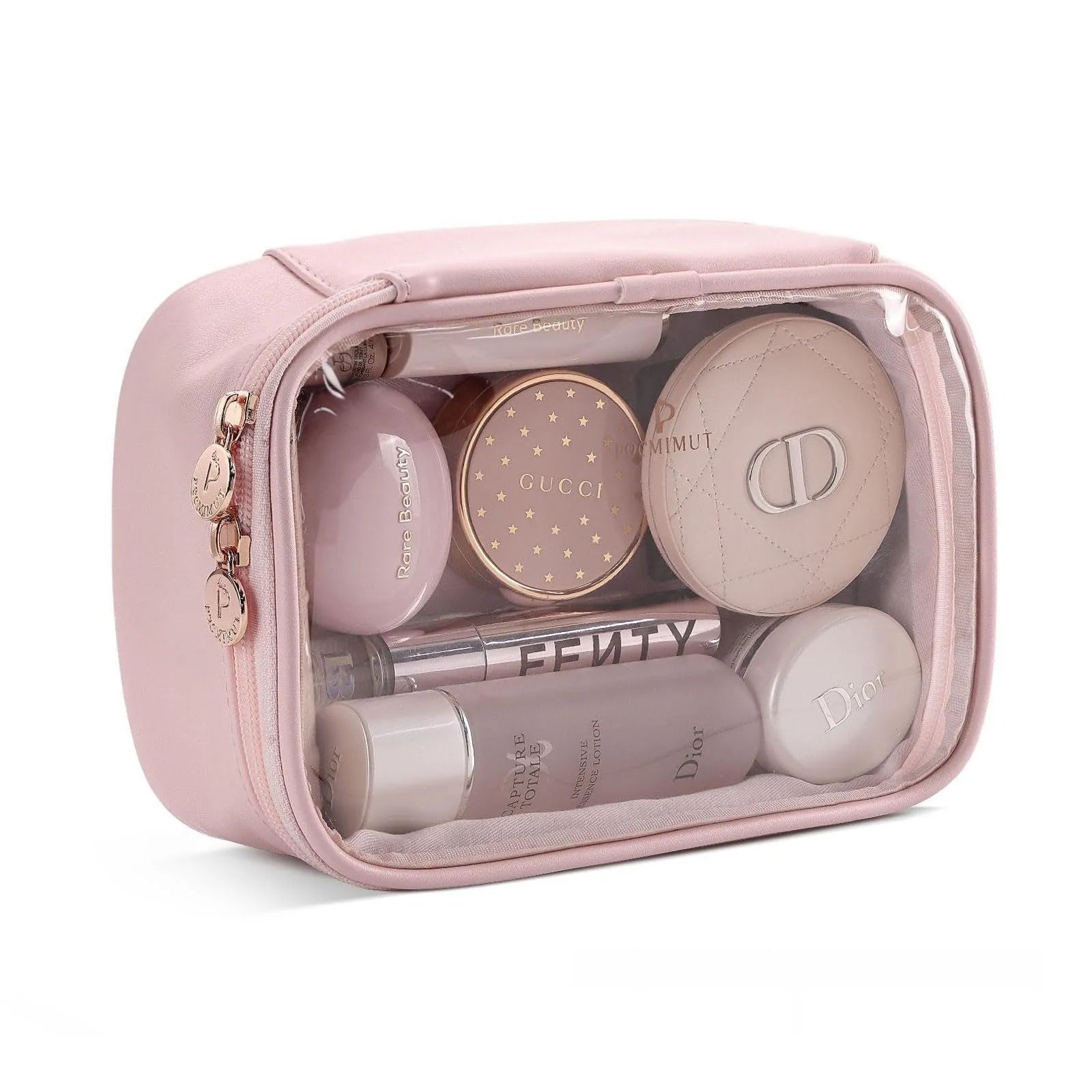 PVC transparent cosmetic bag showing interior with waterproof lining and dry-wet separation compartments