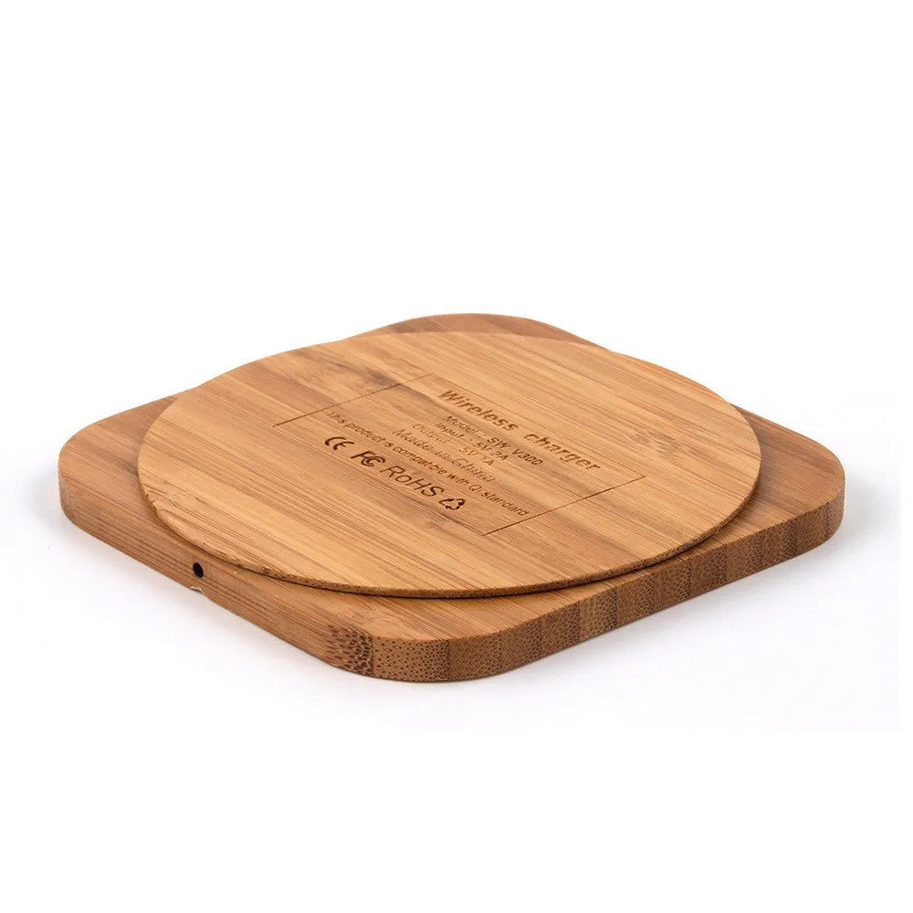 Square brown bamboo wood wireless charger with Qi 5W charging capability