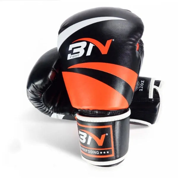 PU boxing gloves in red, blue, white, pink, and orange for training and sparring