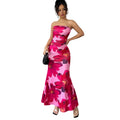 Sleeveless pink flowers print long hip skirt dress with high waist and slim fit, sizes S to XL