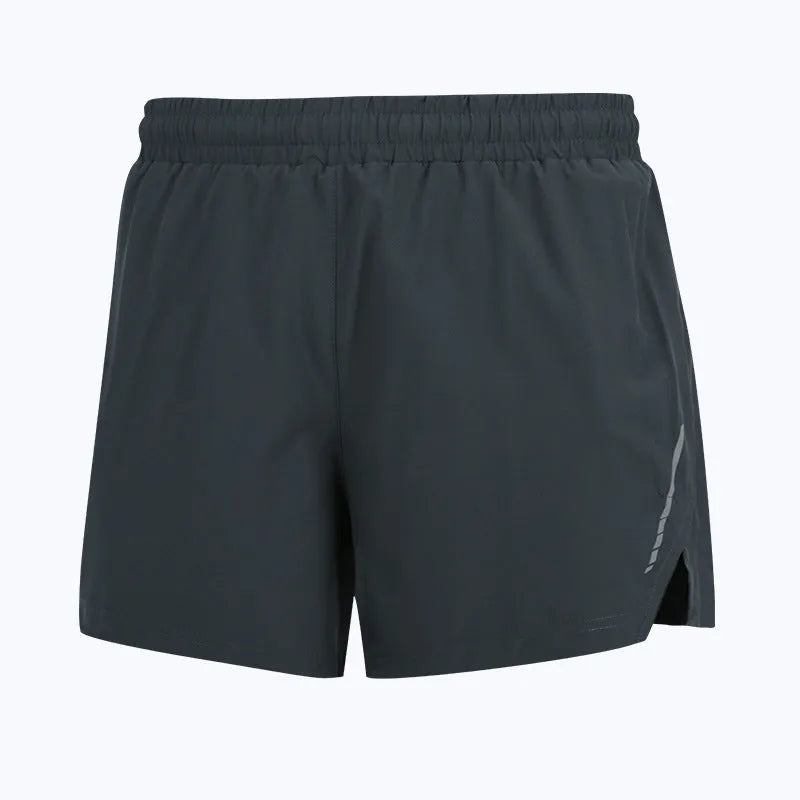 Men's straight-cut quick-dry running shorts in polyester, shown in black, grey, fluorescent green, and blue.