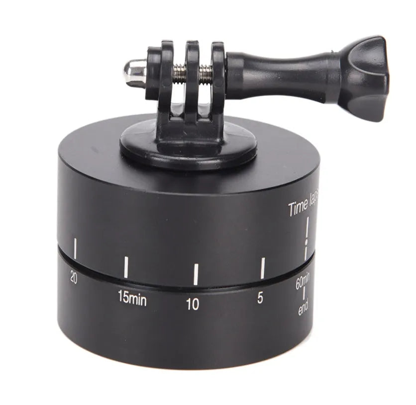 360-degree auto rotate camera tripod head on a tripod, compatible with GoPro and DSLR cameras.