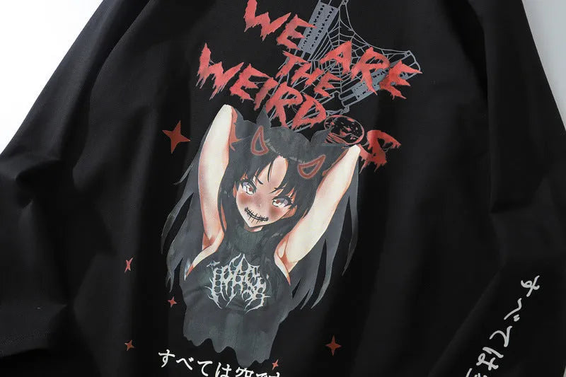 Anime street collar hoodie long sleeve round neck pullover black white hip hop streetwear
