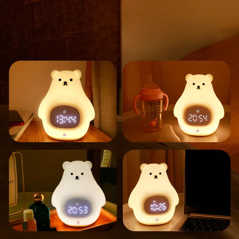 A white silicone night light shaped like a bear with a sleep timer and remote control.