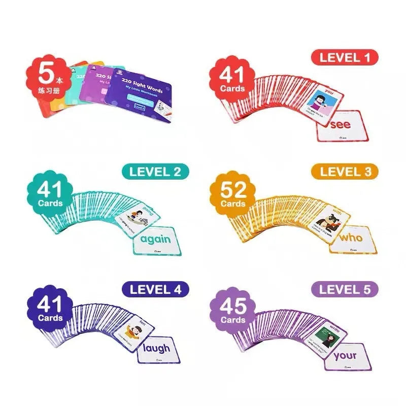 High frequency word card gift box set with 220 game cards and 5 workbooks for early phonics learning.