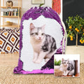 Custom purple sequins backpack with printed pet portrait and drawstring opening