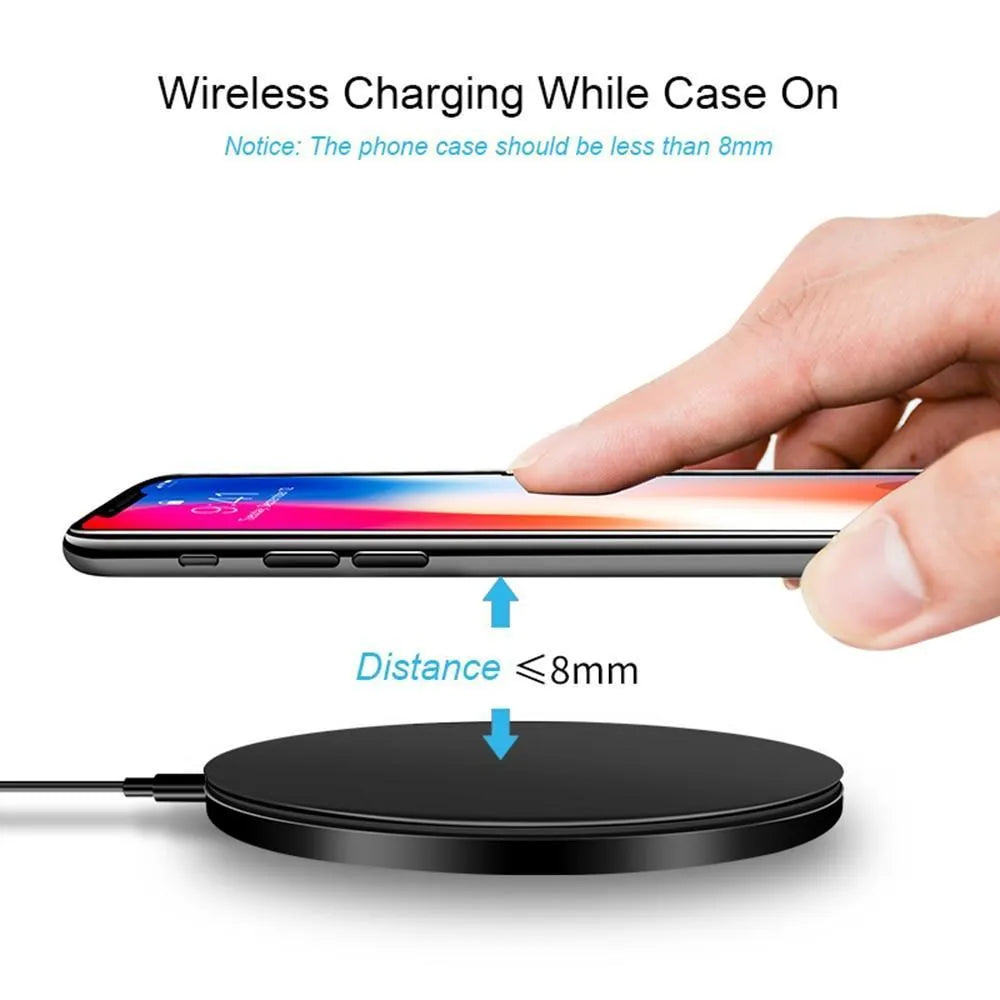 Ultra-thin black wireless fast charging pad measuring 98mm square with USB cable