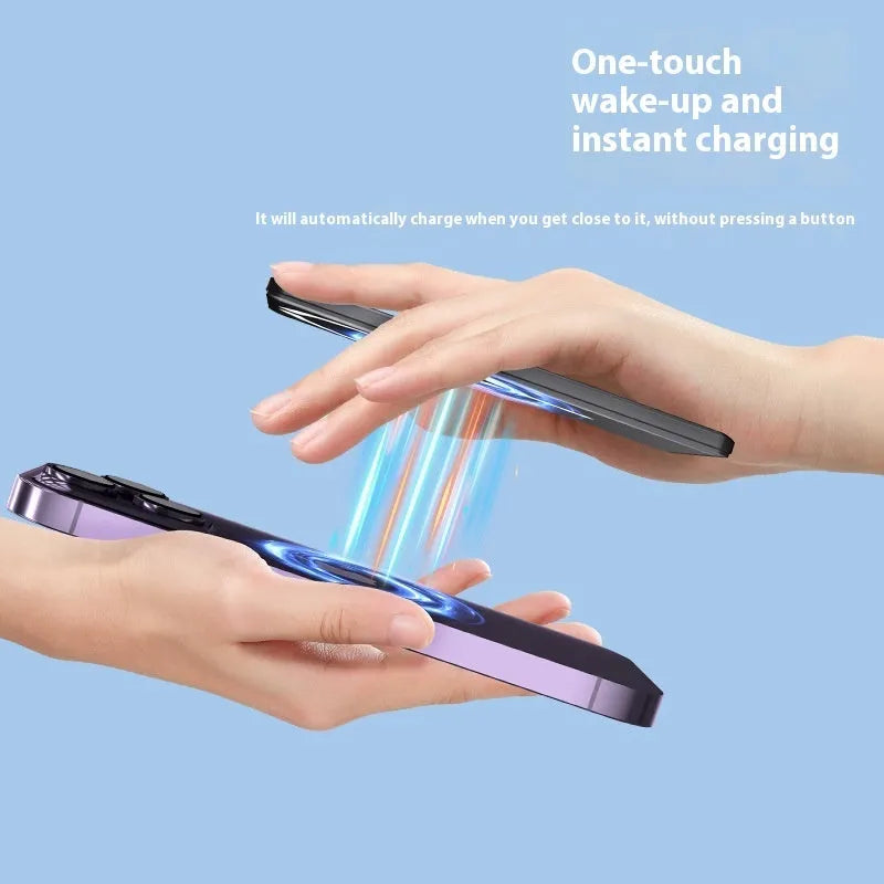 Ultra-thin magnetic power bank with alloy casing in black colour showing 9mm thickness