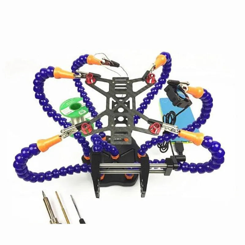 Black aluminium alloy six-jaw welding station with multiple adjustable arms on a non-slip base.