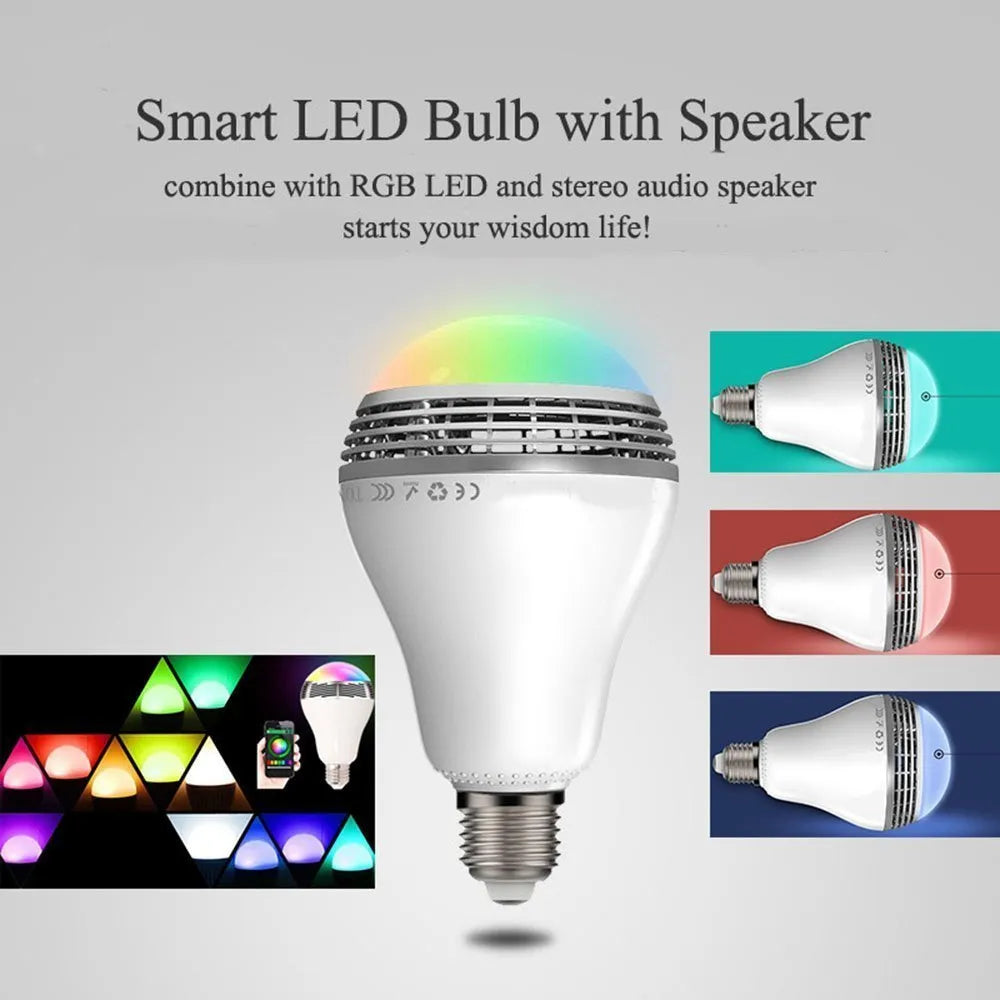 E27 smart LED bulb with Bluetooth speaker, showing white plastic body and multi-colour RGB light glow.
