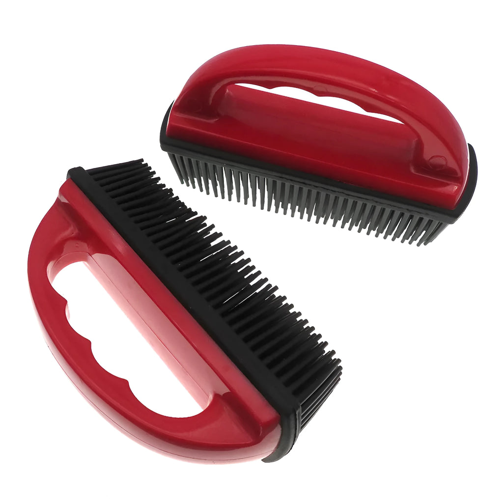 Red pet hair removal brush with 160mm by 85mm head for bath massage and carpet cleaning
