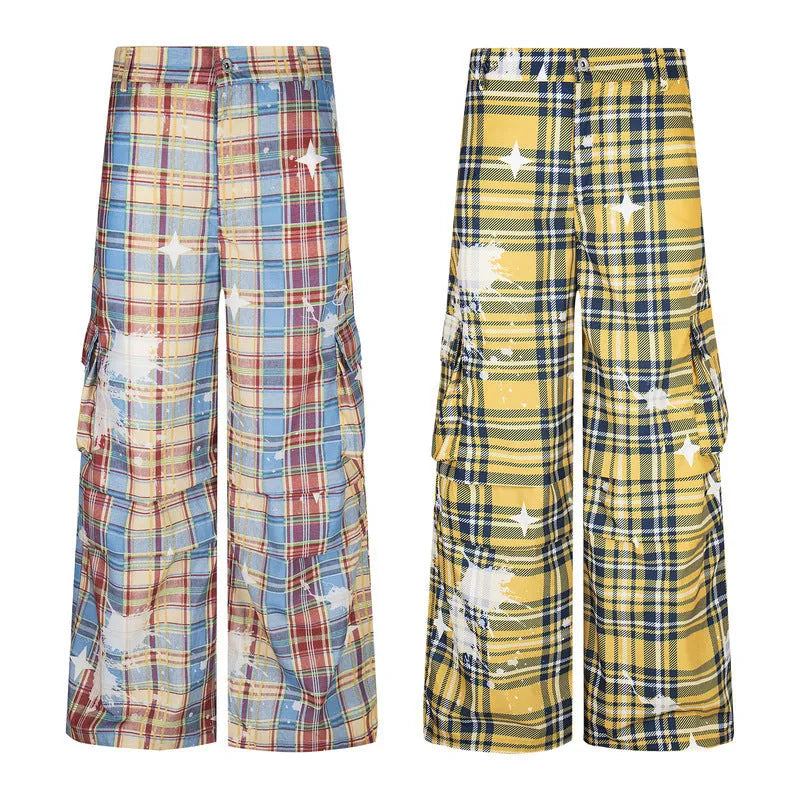 Men's blue retro plaid overalls with loose straight leg trousers on mannequin