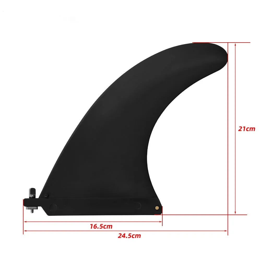 SUP paddle with large removable fish fins showing screw mounting system