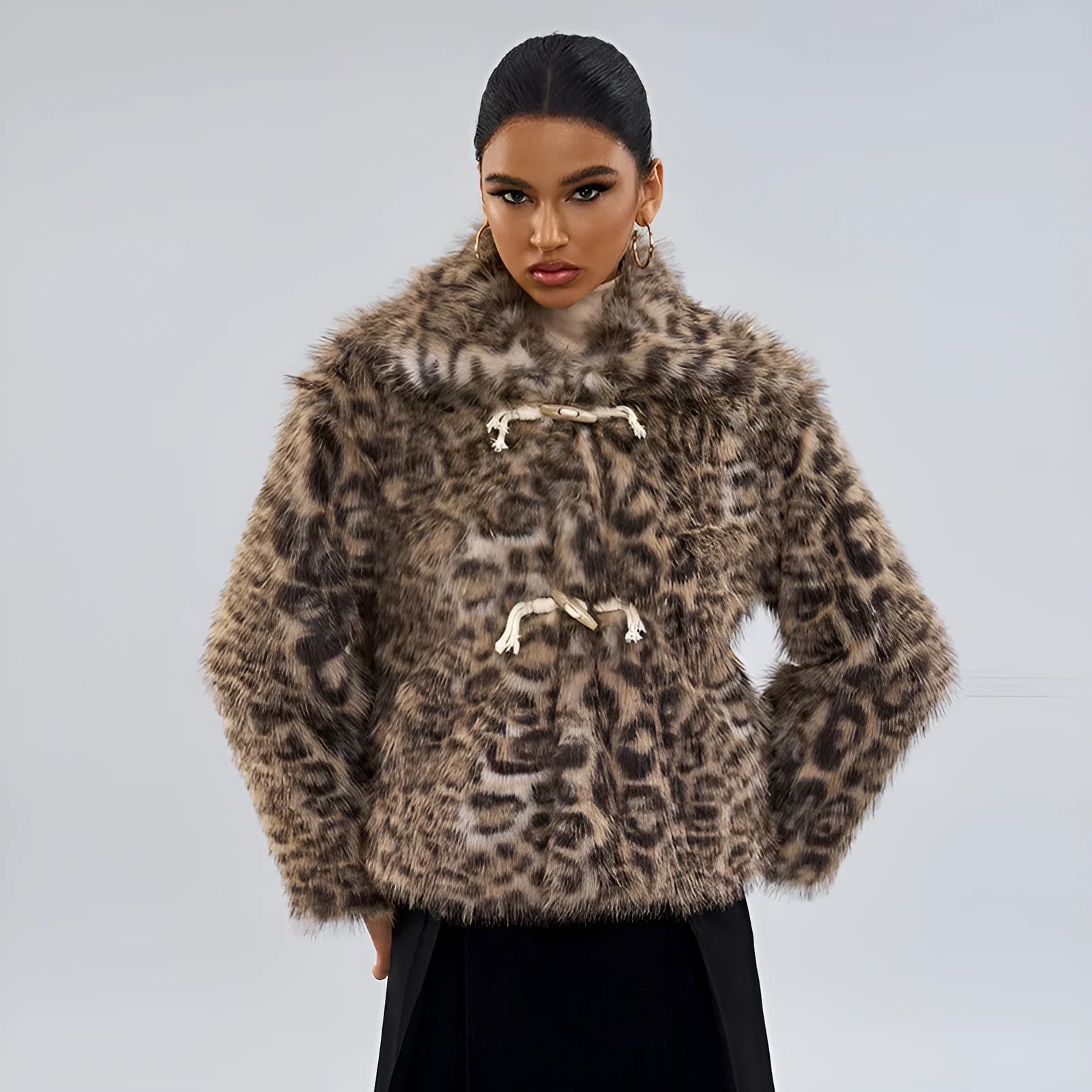 Women's leopard print coat with buckle lapel in polyester street fashion style