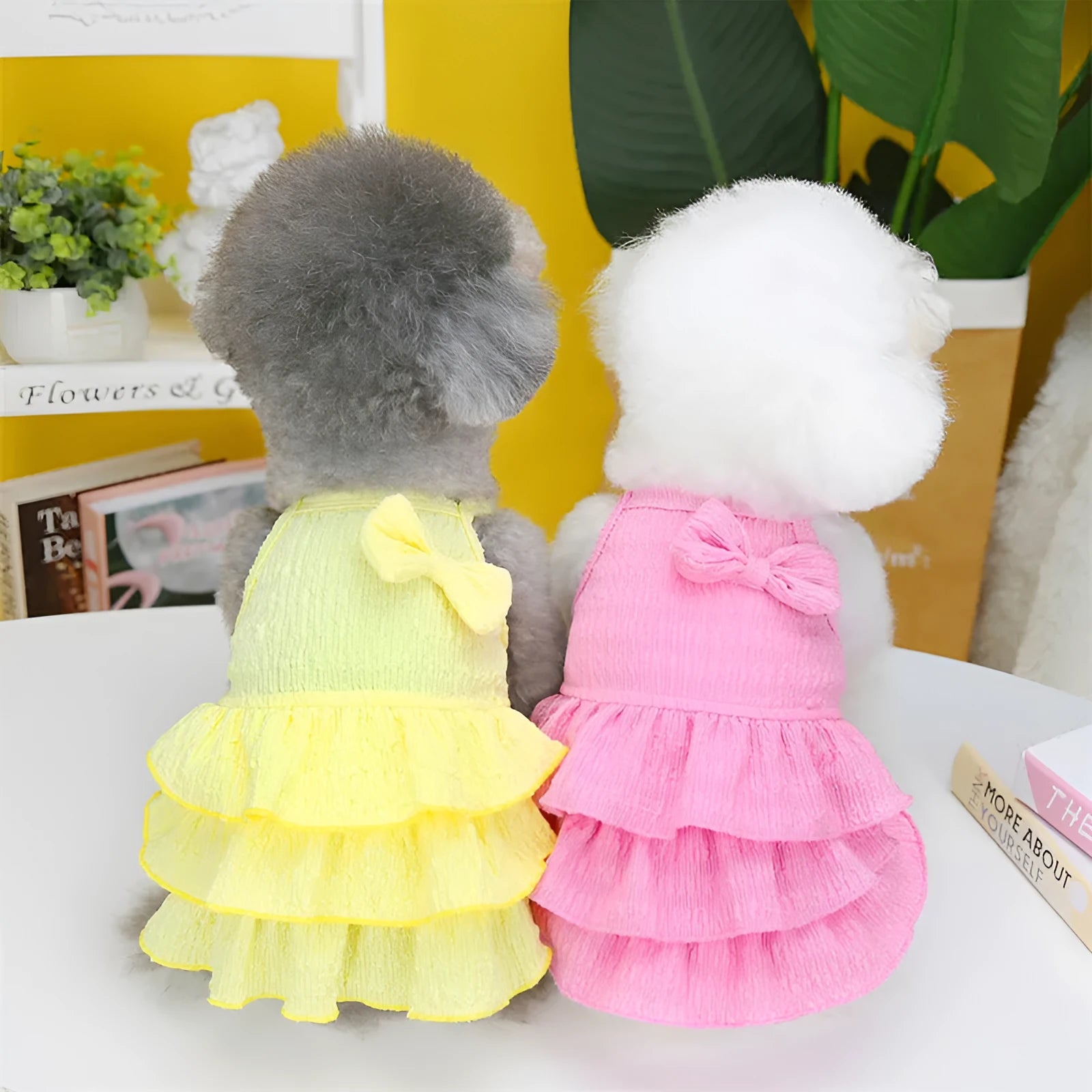 Small dog wearing princess dress with layered candy skirt in choice of rose red, yellow or green colours