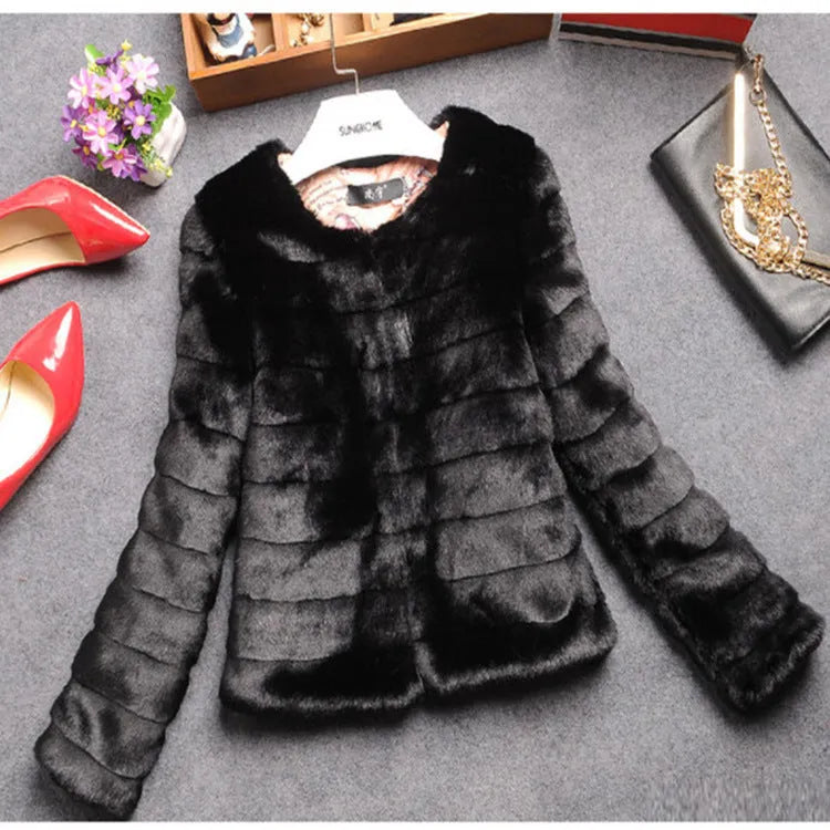 Women's short length faux fur top in beige, shown on a model for street fashion.