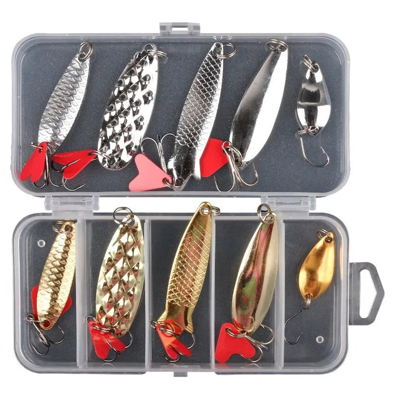 Box of gold and silver metal sequins for fishing lure repair and customisation.