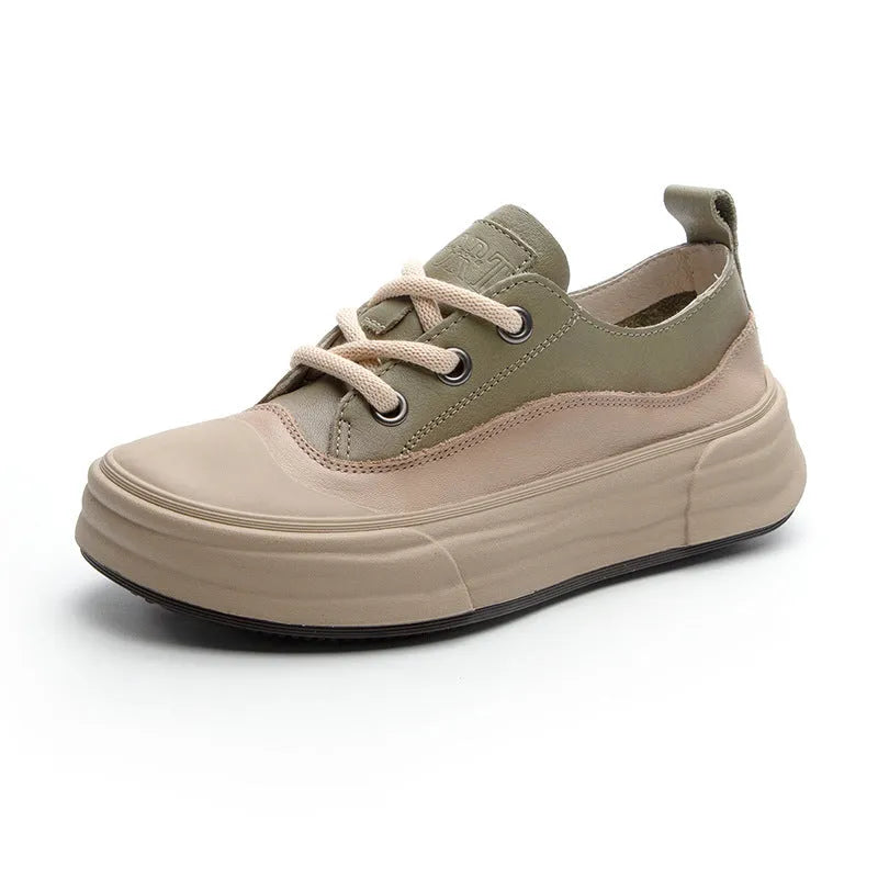 Women's round toe leather casual platform sneakers in matcha green, front lace-up design
