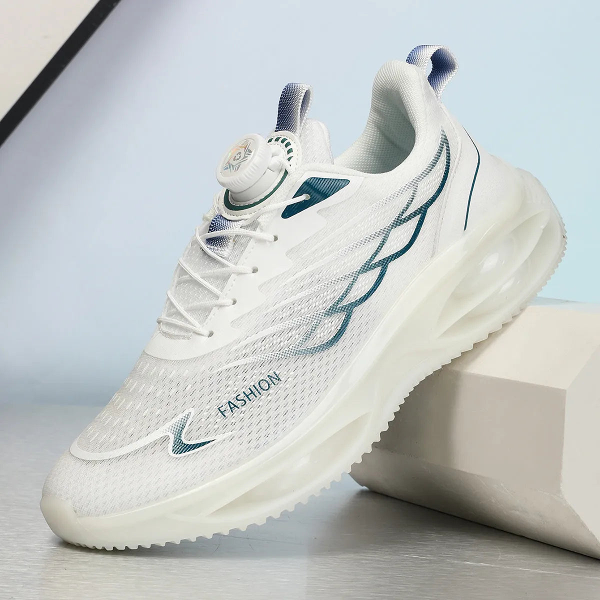 Casual breathable running shoes in sky blue, black gold, or white colours with rubber sole and lace-up closure