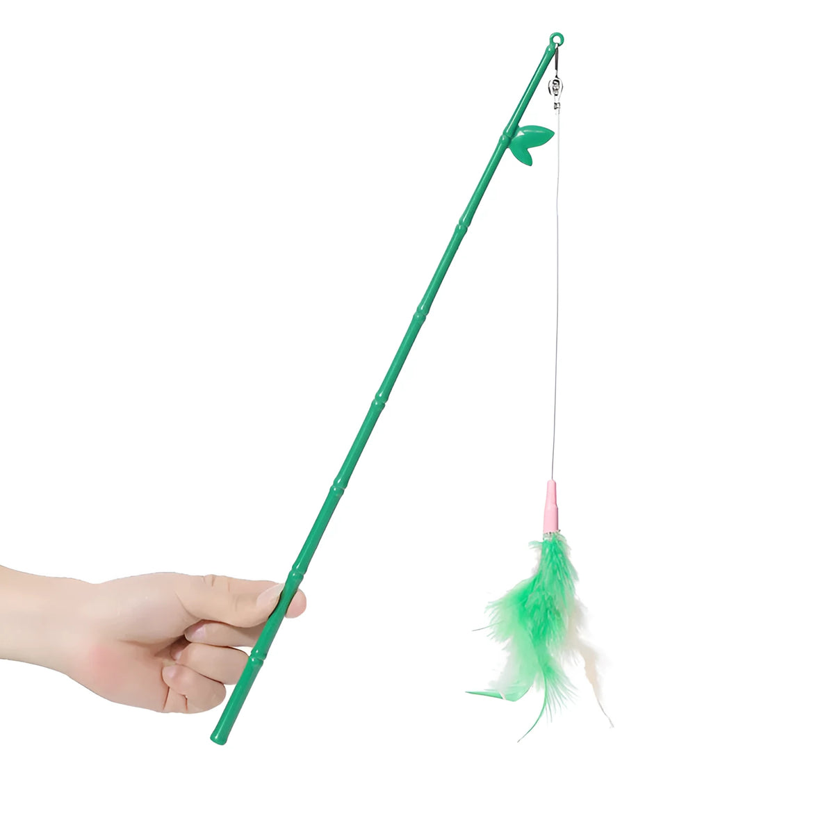 Green interactive cat feather wand toy with bells attached for indoor play and training