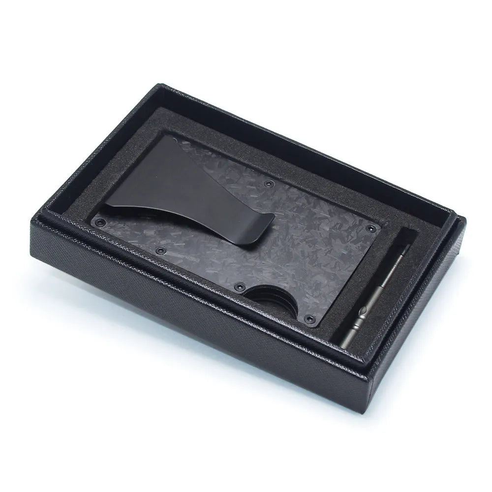 Slim geometry card holder wallet in carbon fibre or aluminium, holds six to fifteen cards, 8mm thick