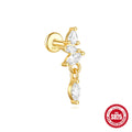 S925 sterling silver moon and star earrings with embedded diamonds on a gold tone background.