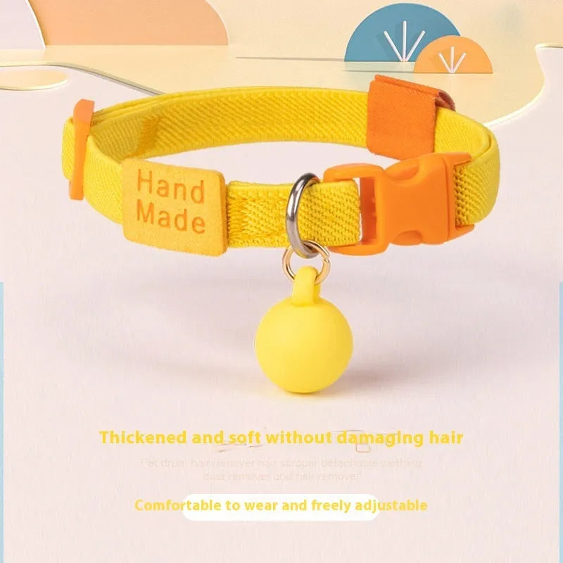 Small dog elastic collar in seven colour options showing yellow, pink, blue, purple, brown, navy and green versions