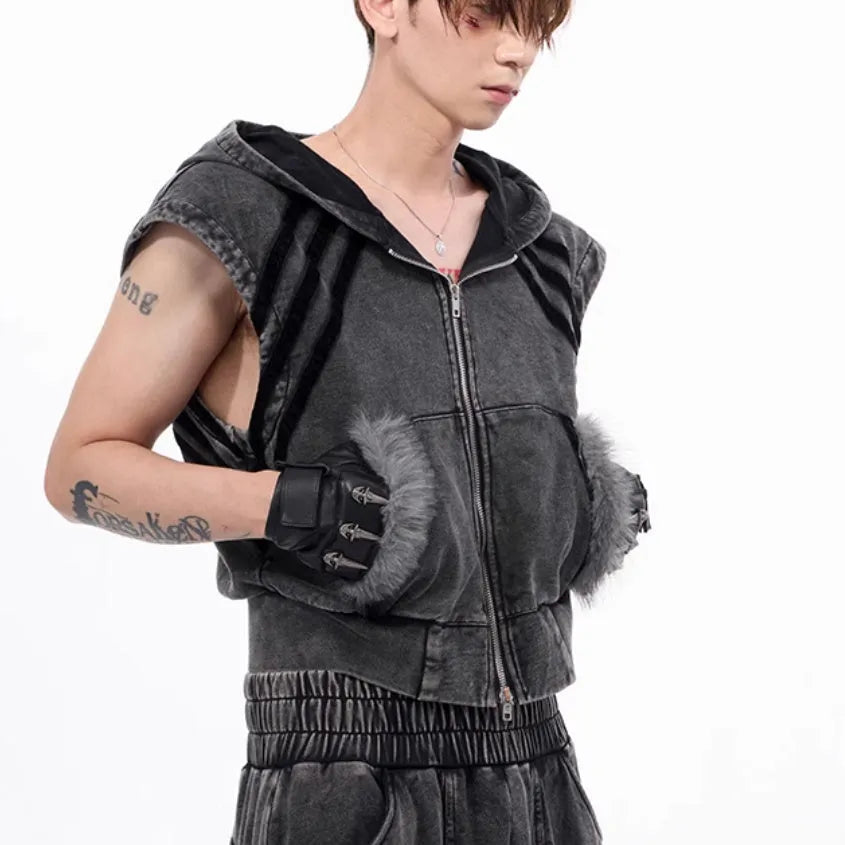 Stitching fur washed and worn sleeveless hooded tank top vest short Korean street style black and gray