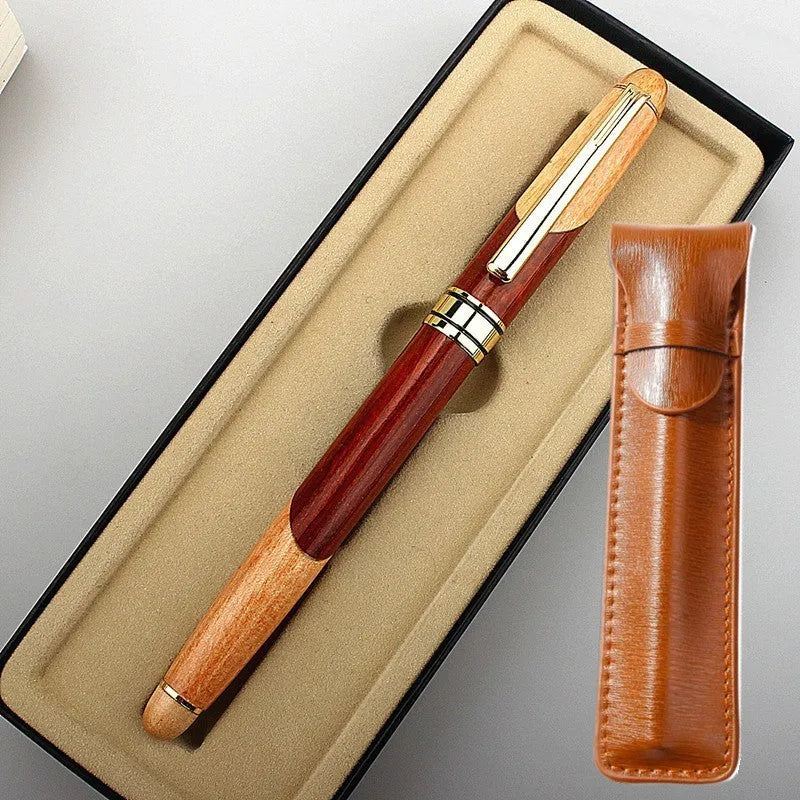 Metal ballpoint pen with wooden colour finish and black bag on white background