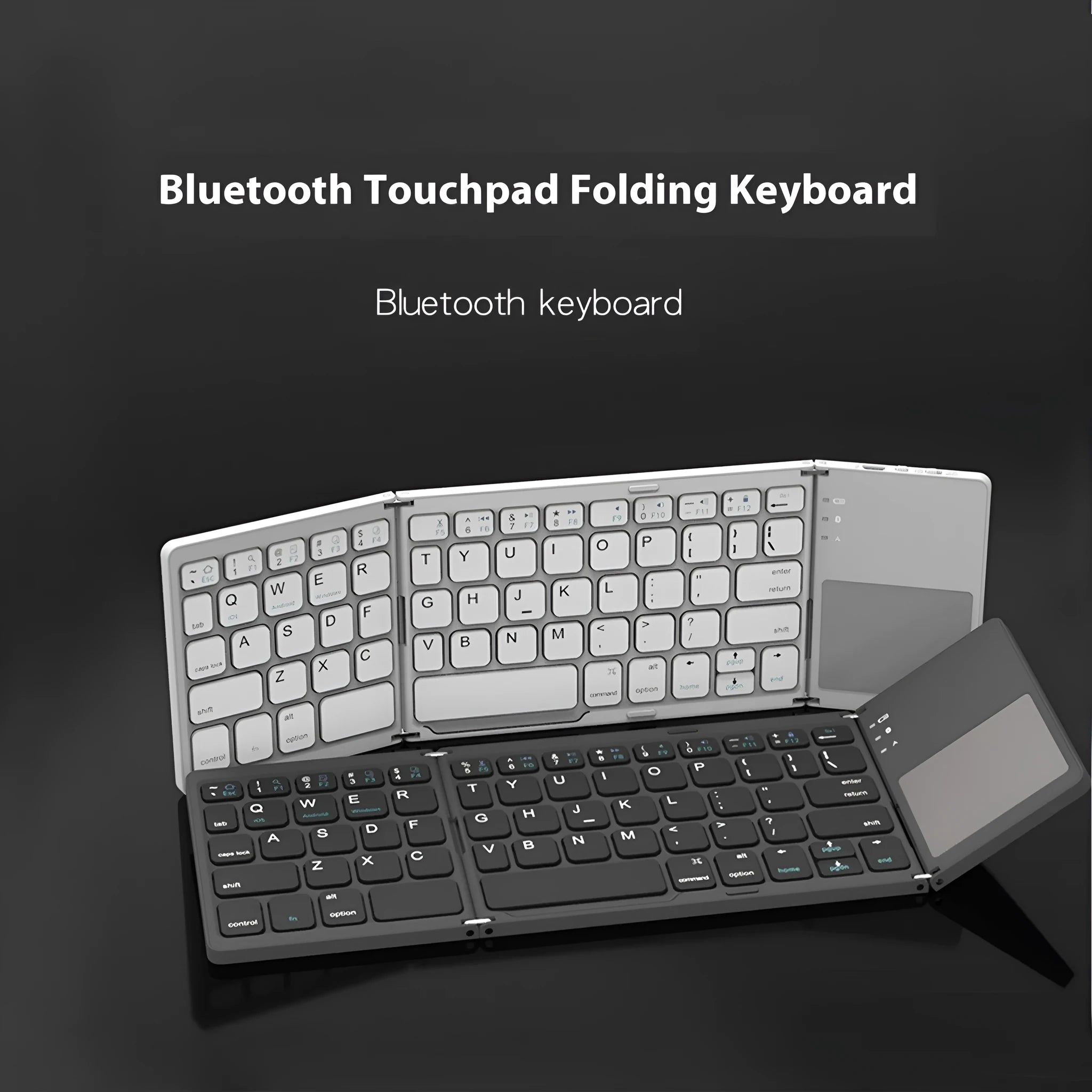Black tri-fold Bluetooth keyboard shown folded and unfolded next to a smartphone