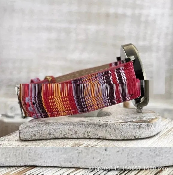 Multicolor rainbow pattern dial ladies watch with bronze metal case and woven PU leather strap