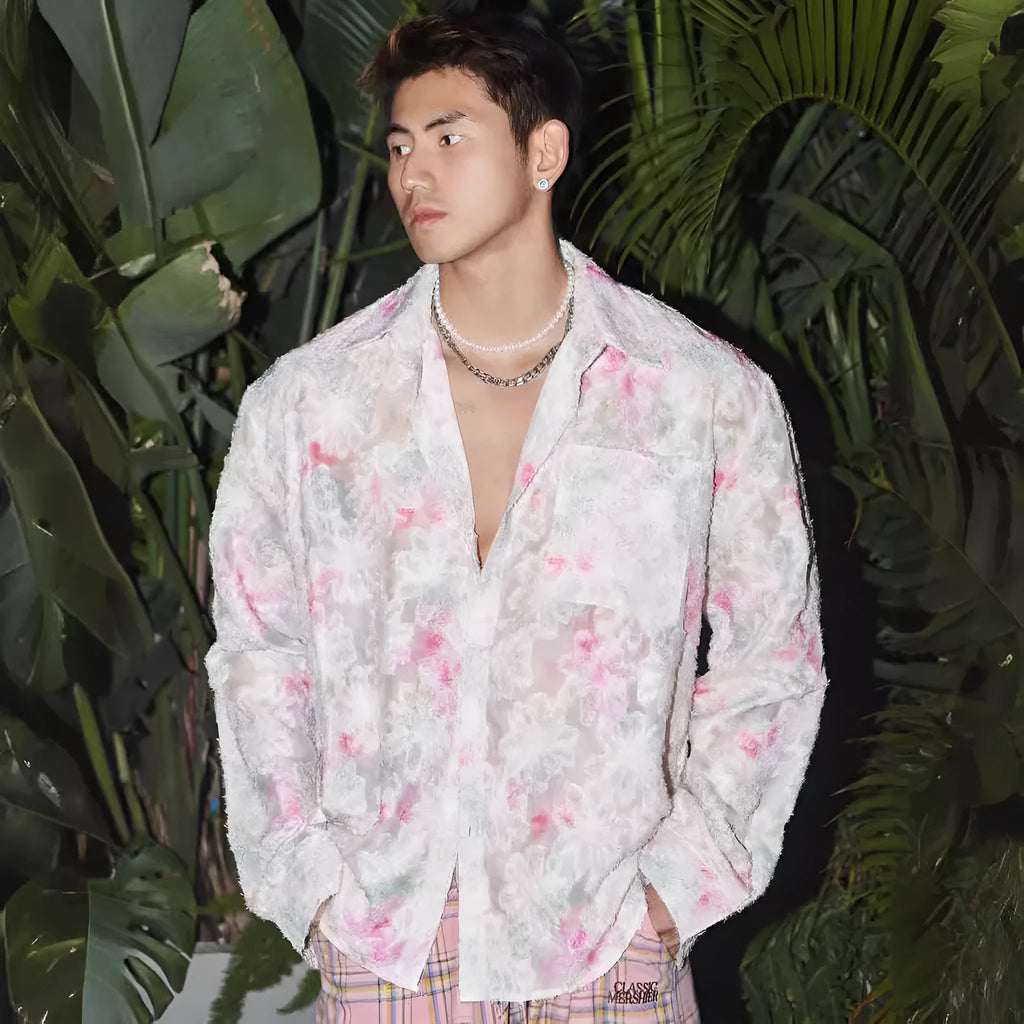 Pink and blue floral embossed long sleeve shirt with loose fit design for summer wear