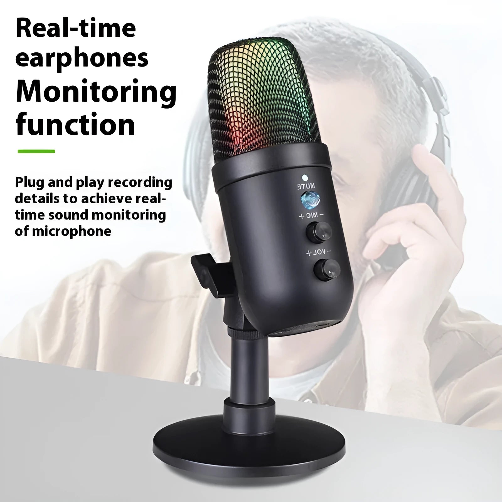 Black USB microphone with RGB lighting for computer and mobile live streaming and gaming