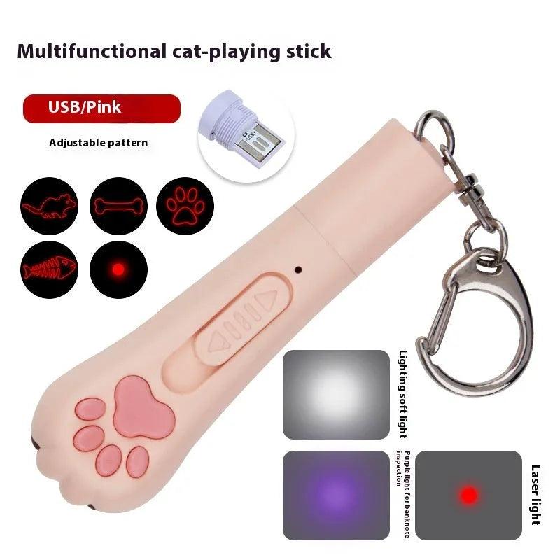 Infrared cat teasing stick toy showing multiple colour options and laser light patterns for pet play.