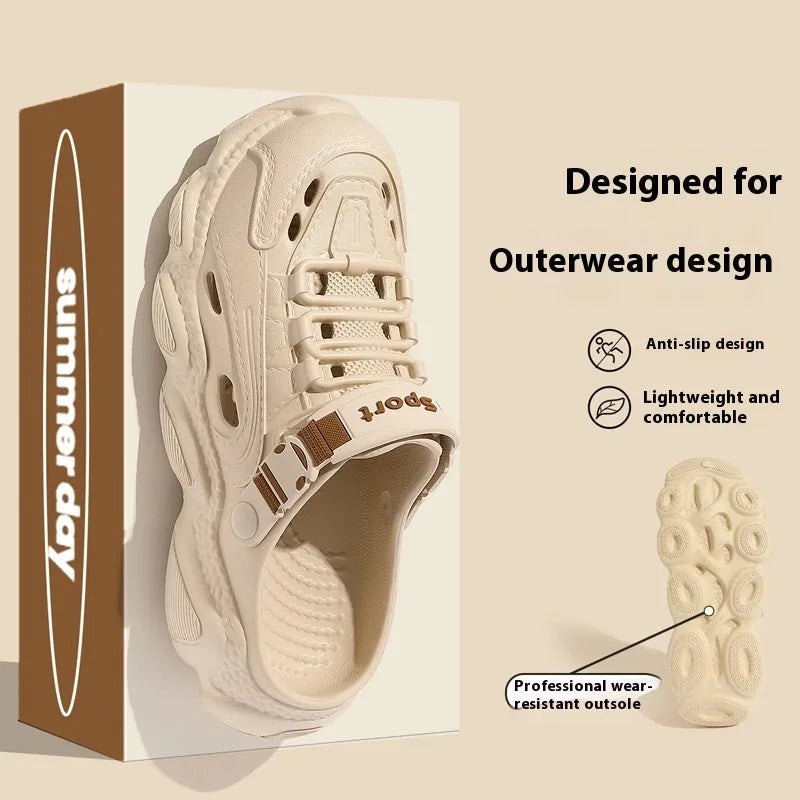 Men's khaki EVA outdoor slippers with hollow-out design on a stone patio.
