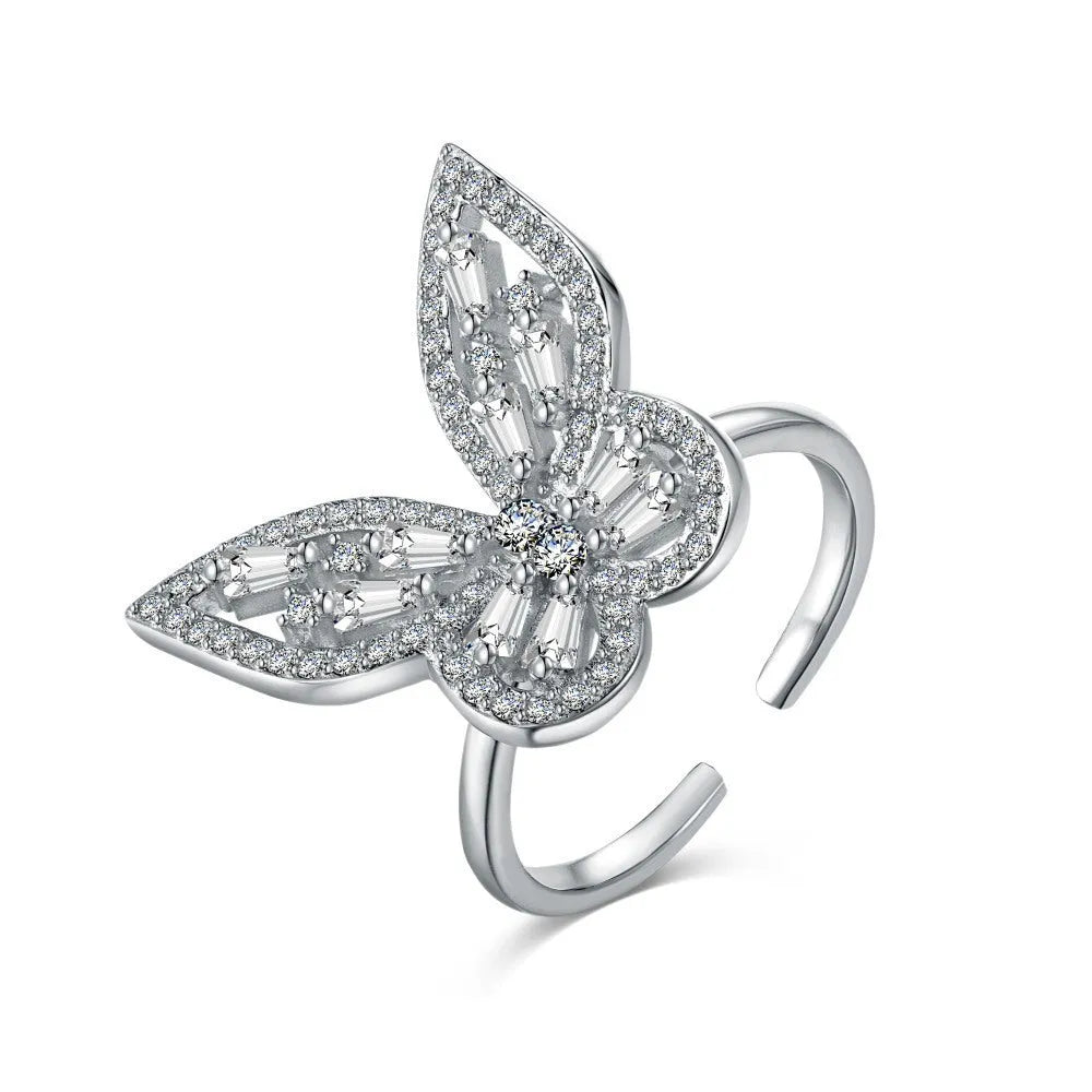 S925 sterling silver diamond inlaid zircon butterfly ring adjustable opening women's silver jewellery