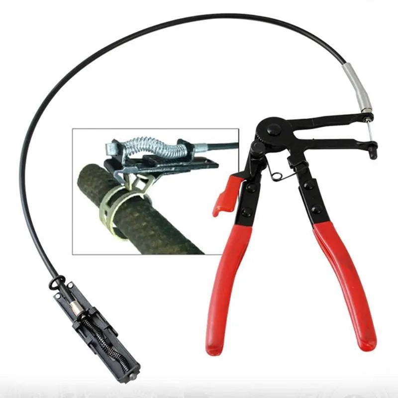 Red carbon steel flexible hose wire clamp measuring 390 by 190 by 35 millimetres on a white background