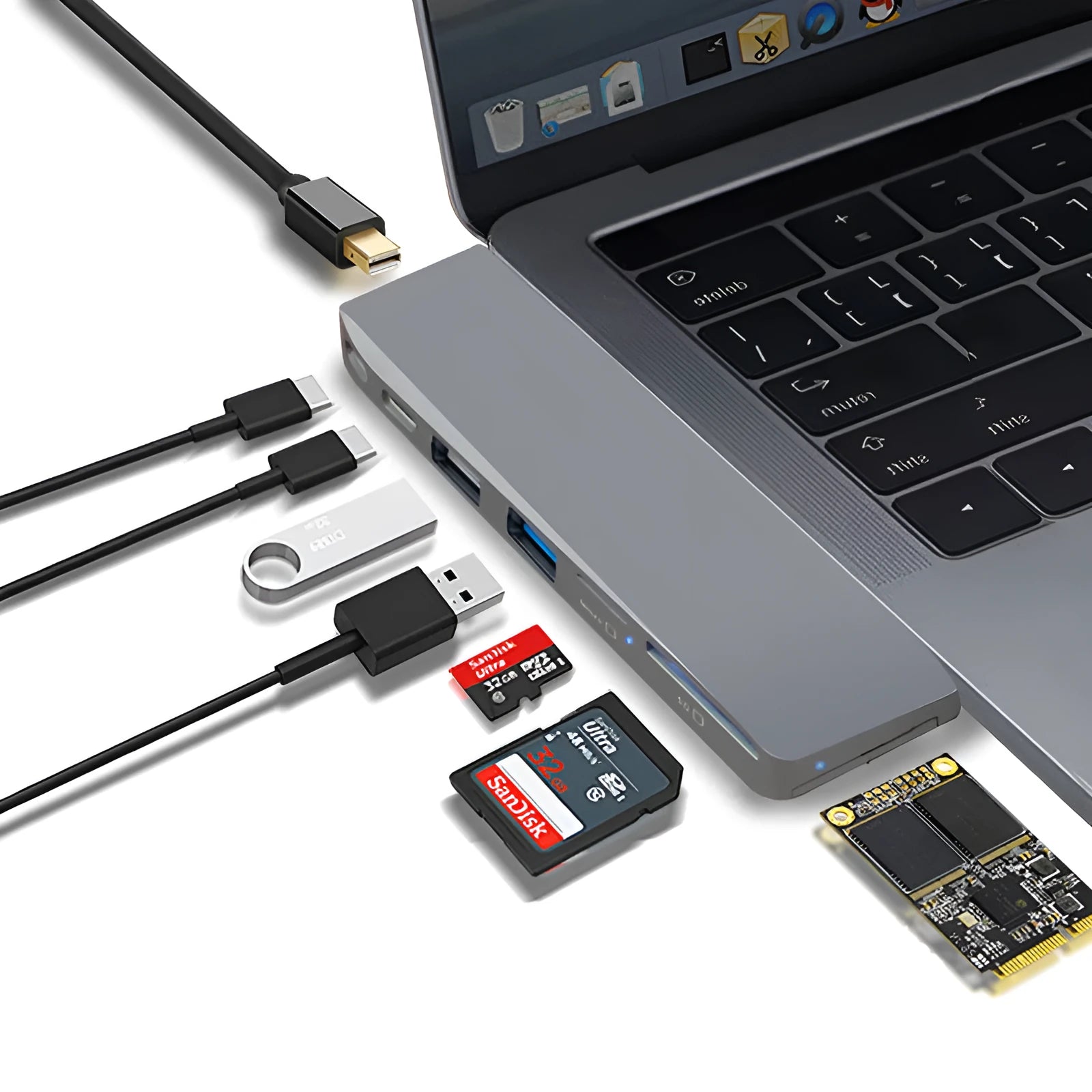 8-in-1 USB-C hub for MacBook Pro with dual USB-C connectors and multiple ports