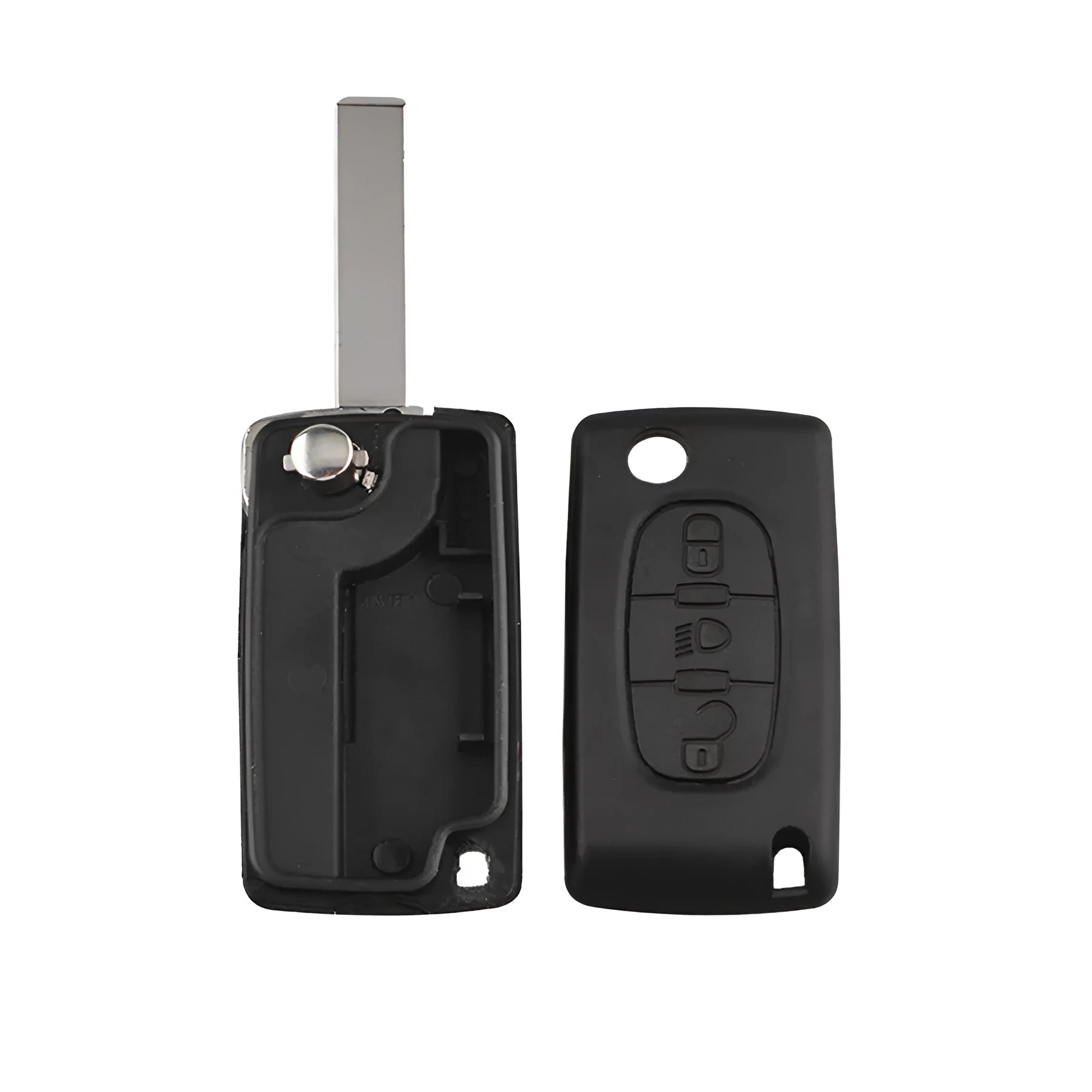 Black Peugeot car key with light on metal key ring