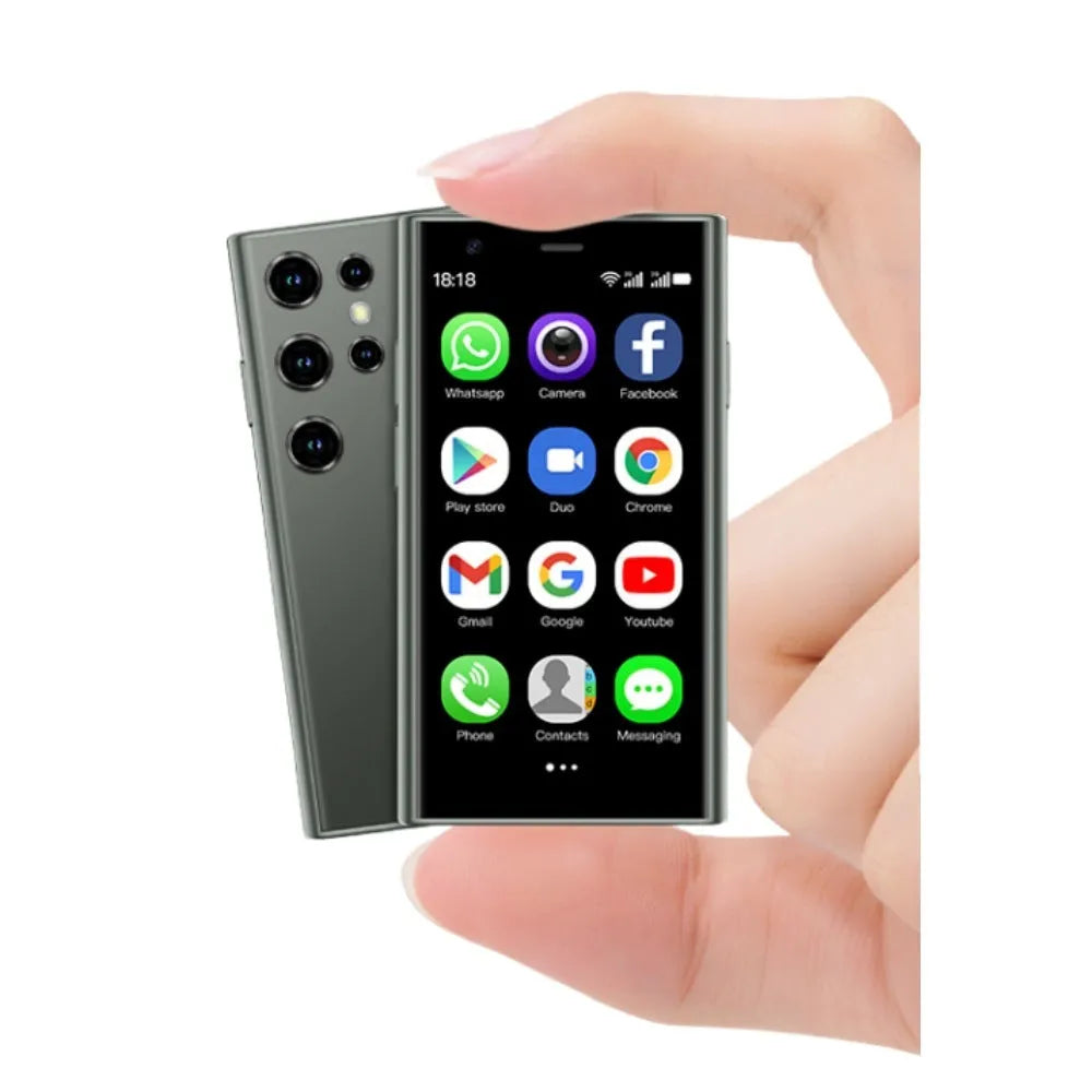 S23PRO XS15 mini smartphone in black, green and pink purple colours, showing straight plate design.