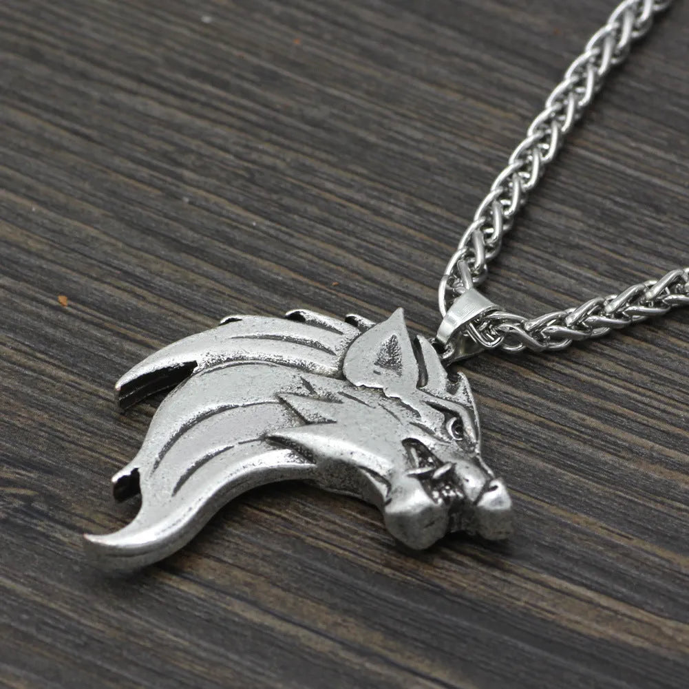Men's wolf head pendant necklace in ancient silver or ancient bronze on a 58cm BS chain, Viking-style amulet.