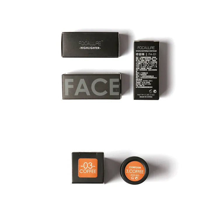 Face contour highlighter stick with attached sponge applicator in one of four shades.