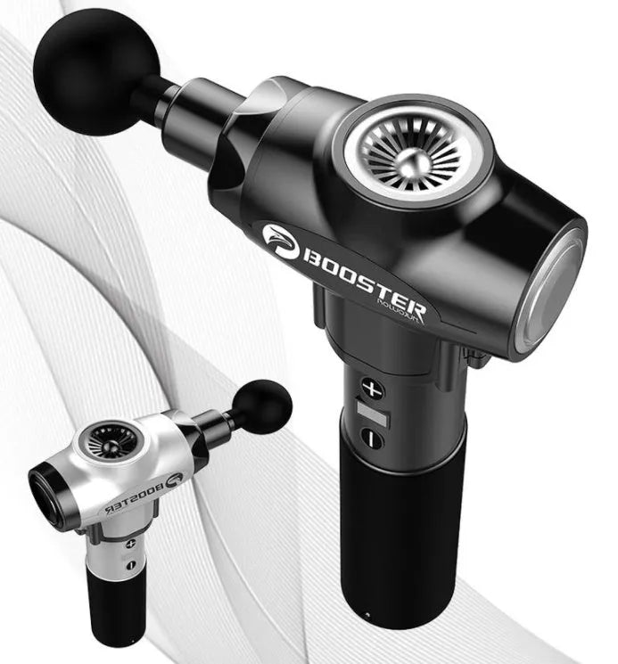 Black and white muscle massage gun with a 12mm stroke on a grey background
